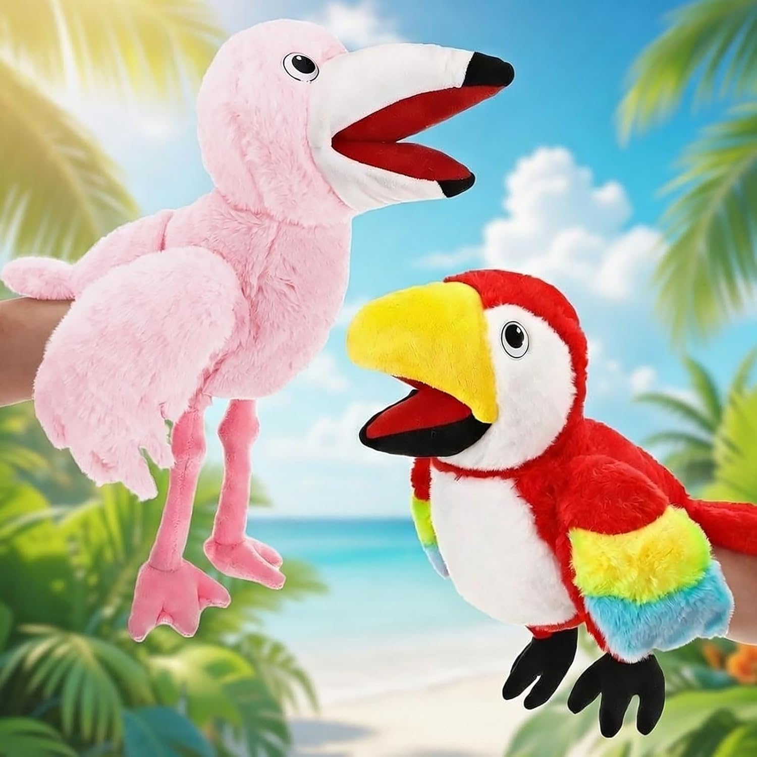 Soulchen 2 Pcs Hand Puppets for Adults 15.7" Hand Puppets Parrot Flamingo Animal Plush Stuffed Toys with Movable Mouth for Role Play Teaching Birthday Gifts
