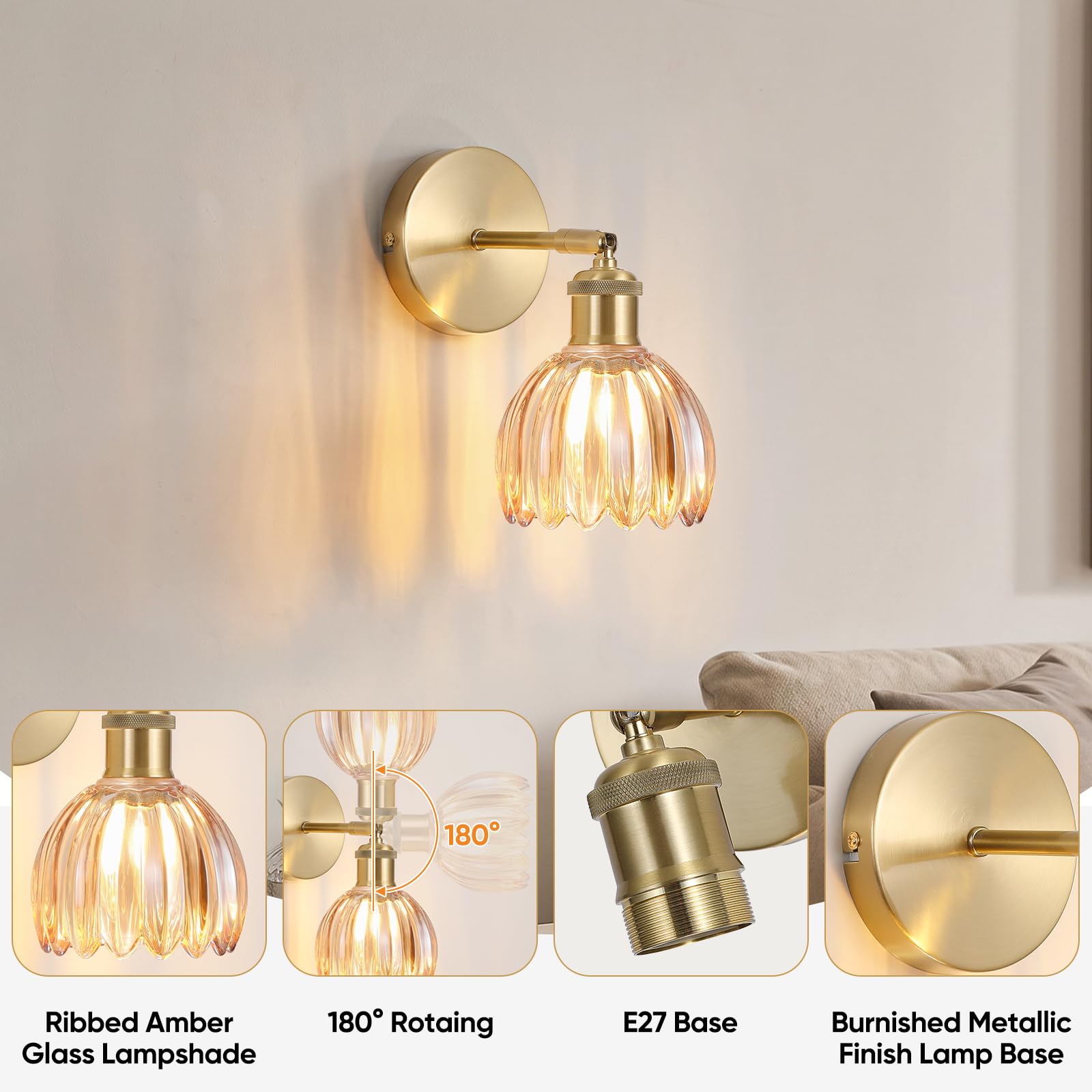 Lámpara de Pared de Vidrio, Base E27 (bombilla no incluida), Dorado 4800259