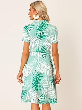 Allegra K Women's Tropical Leaf Print Dresses Lapel Collar Short Sleeve V  Neck Belted Button Down Shirt Dress Light Green XL : Amazon.co.uk: Fashion