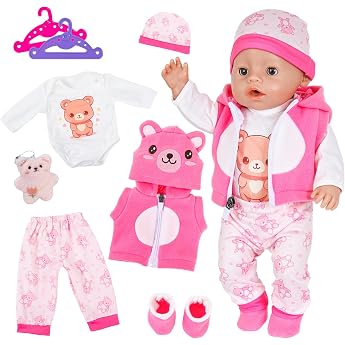 Doll Clothes for 35-43 cm Baby Dolls Pack of 8 Pink Bear Baby Clothes Doll Accessories with Romper Trousers Hooded Vest Shoes Bear Doll 2 Hangers for 14-18 Inch Dolls Christmas Outfit