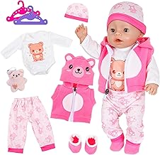 Doll Clothes for 35-43 cm Baby Dolls, Pack of 8 Pink Bear Baby Clothes Doll Accessories with Romper, Trousers, Hooded Vest, Shoes, Bear Doll, 2 Hangers for 14-18 Inch Dolls, Christmas Outfit