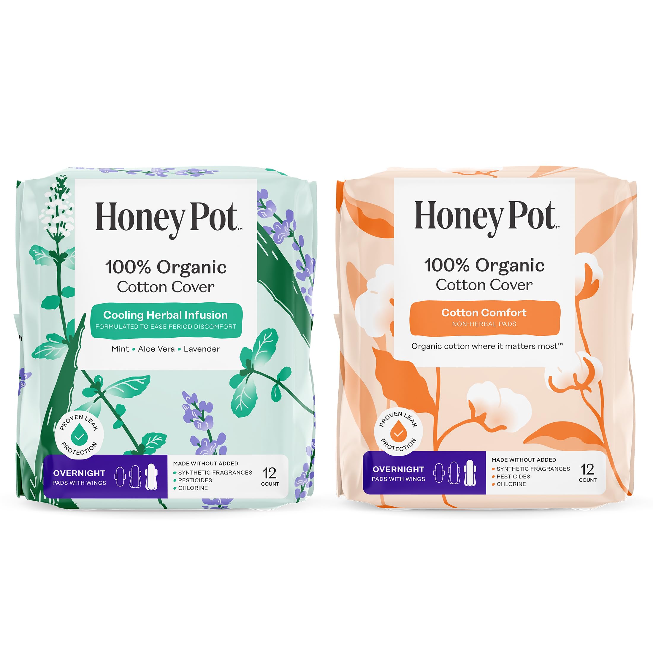 The Honey Pot Company - Pads for Women - Herbal & Non-Herbal Overnight Pads Bundle - Organic Cotton Cover & Ultra-Absorbant Pulp Core - Feminine Care