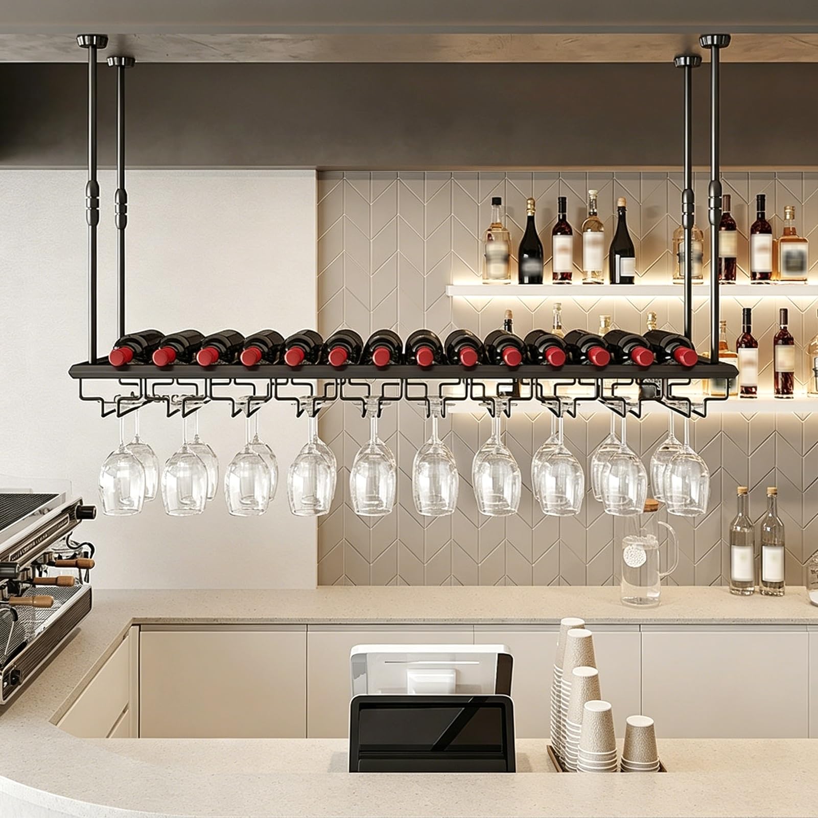 MARXAN Casier à vin en métal monté au Plafond, Porte-Bouteille de vin Suspendu à Hauteur réglable pour Bar, Cuisine, Restaurant, avec étagère de Rangement pour gobelets