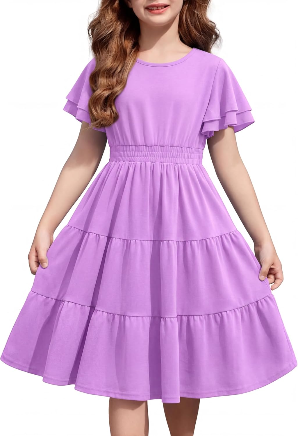 Arshiner Girl's Casual Dress Summer Scoop Neck Short Sleeve Flowy Print and Plain Sundress for Kids 4-14Y