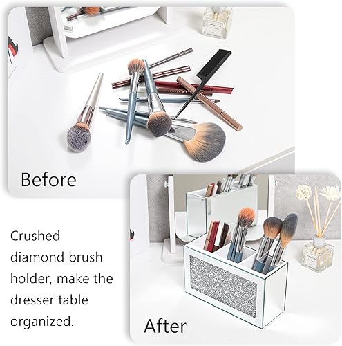 Miniatura 4 de SWTHONY Organizador de brochas de maquillaje plateado, brillante con 3 ranuras de cristal de diamante triturado con espejo de cepillos cosméticos,