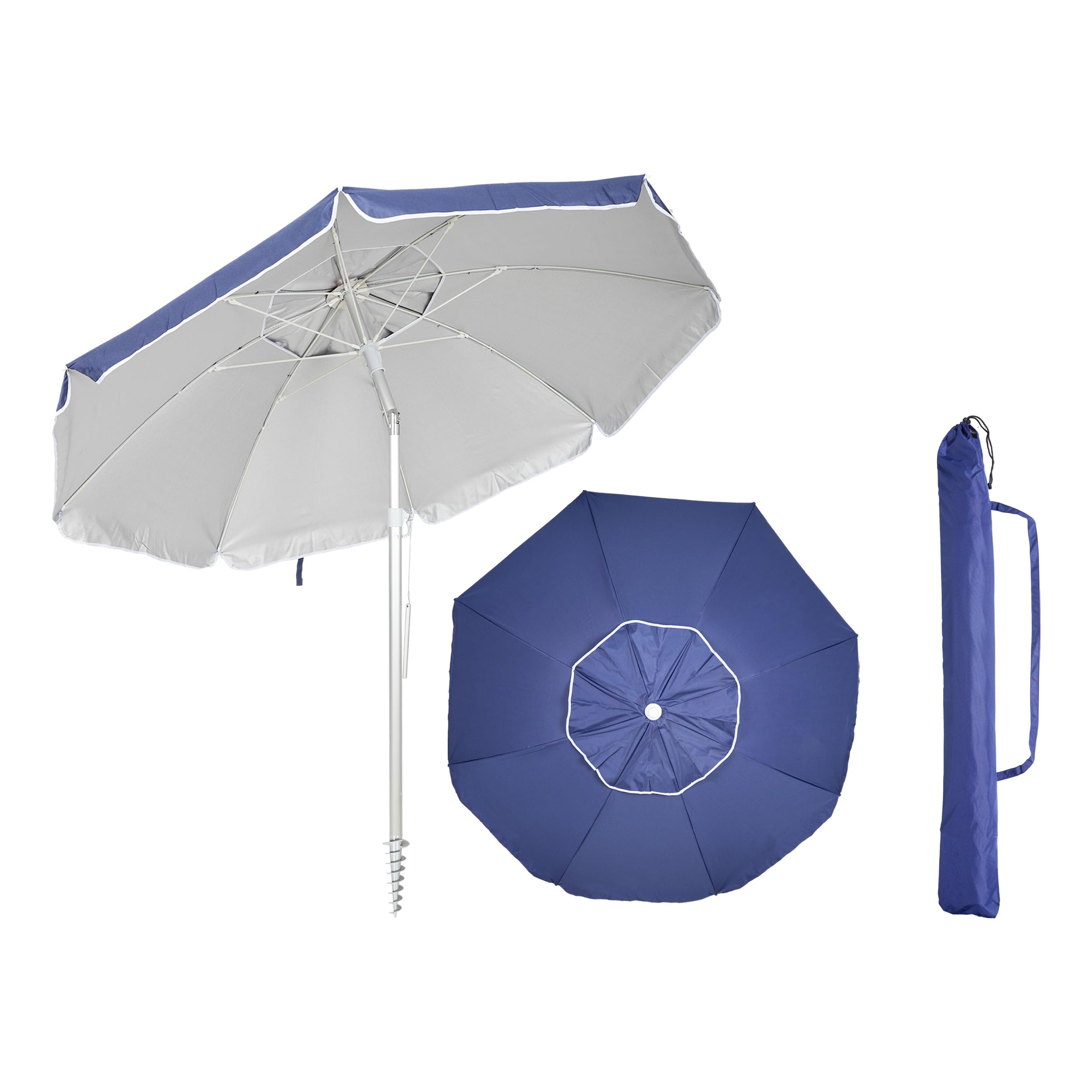 Etrexonline Sombrilla de Playa Premium con Tejado de Ventilación, Anclaje en Espiral, Mástil de Aluminio y Varillas de Fibra de Vidrio, Inclinable, Protección Solar UPF+50, Resistente al Viento