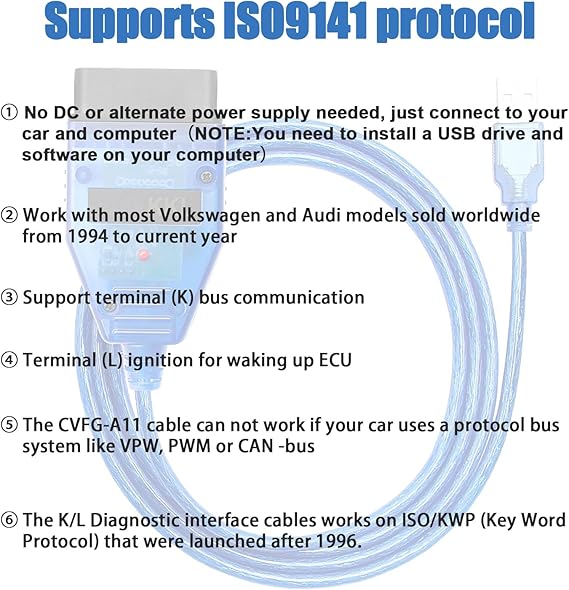 KKL 409.1 USB Cable for V A G with Original FTDI FT232RL Chip for Vw,Audi,Seat,Volk-SWA,Skoda Vehicles from 1996-2009,Car ECU Scan Tool OBD2 to USB Cable for V A G-COM Windows XP Diagnostic Software