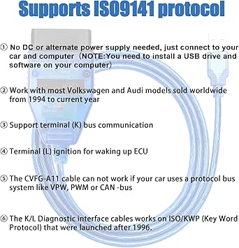 KKL 409.1 USB Cable for V A G with Original FTDI FT232RL Chip for Vw,Audi,Seat,Volk-SWA,Skoda Vehicles from 1996-2009,Car ECU Scan Tool OBD2 to USB Cable for V A G-COM Windows XP Diagnostic Software