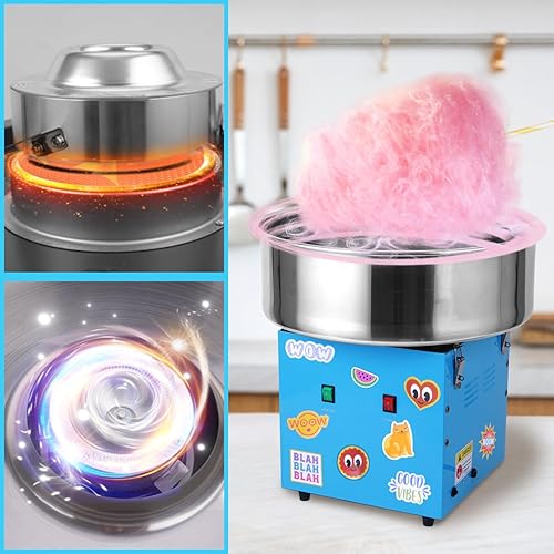 Miniatura 2 de Máquina comercial de algodón de azúcar azul de 1100 W, máquina eléctrica de hilo dental para niños, con bandeja de acero inoxidable, conos de