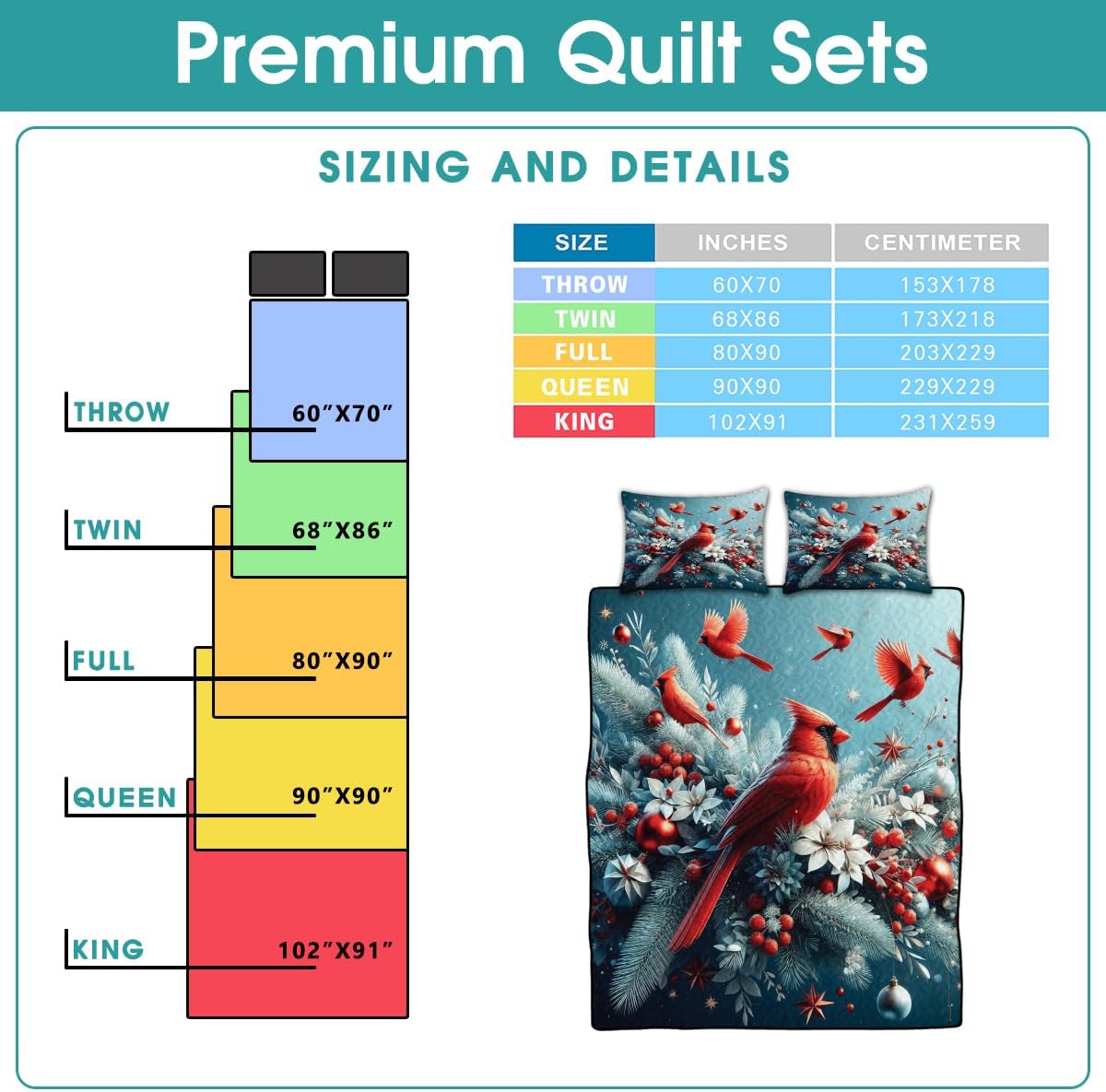 Cardinal Quilt Set, Winter Printed Christmas Bedding Set, Soft Microfiber Comforter for King/Queen/Twin/Throw Sizes (Cardinal Flower)