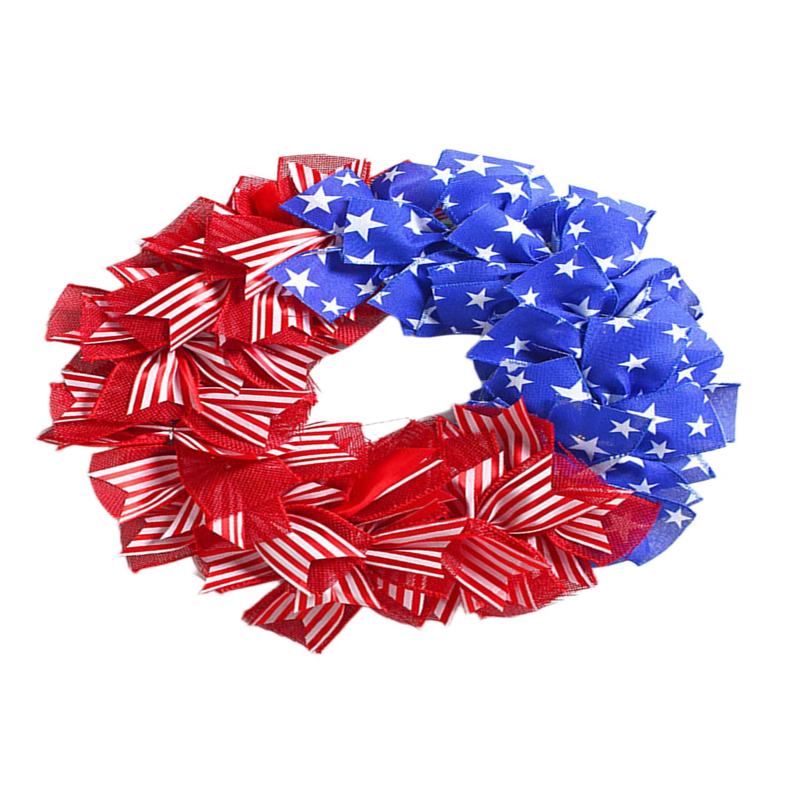 White Blue Fabric Wreath Patriotic Independence Day Wreath for Door Window Staircase Display Festival Decoration Independence Day