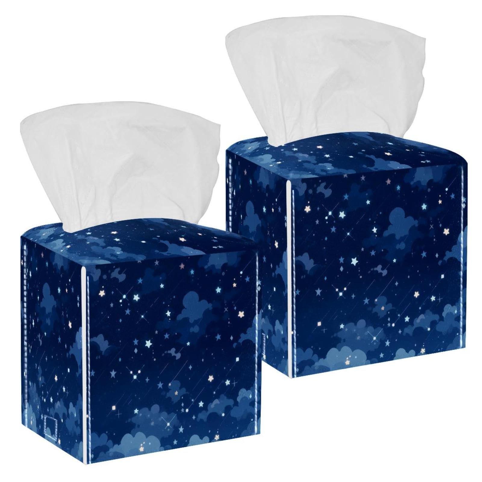 White Starry Sky Tissue Box Cover, 2 Pack PU Leather Square Facial Tissue Dispenser Box holder for Home Office Car