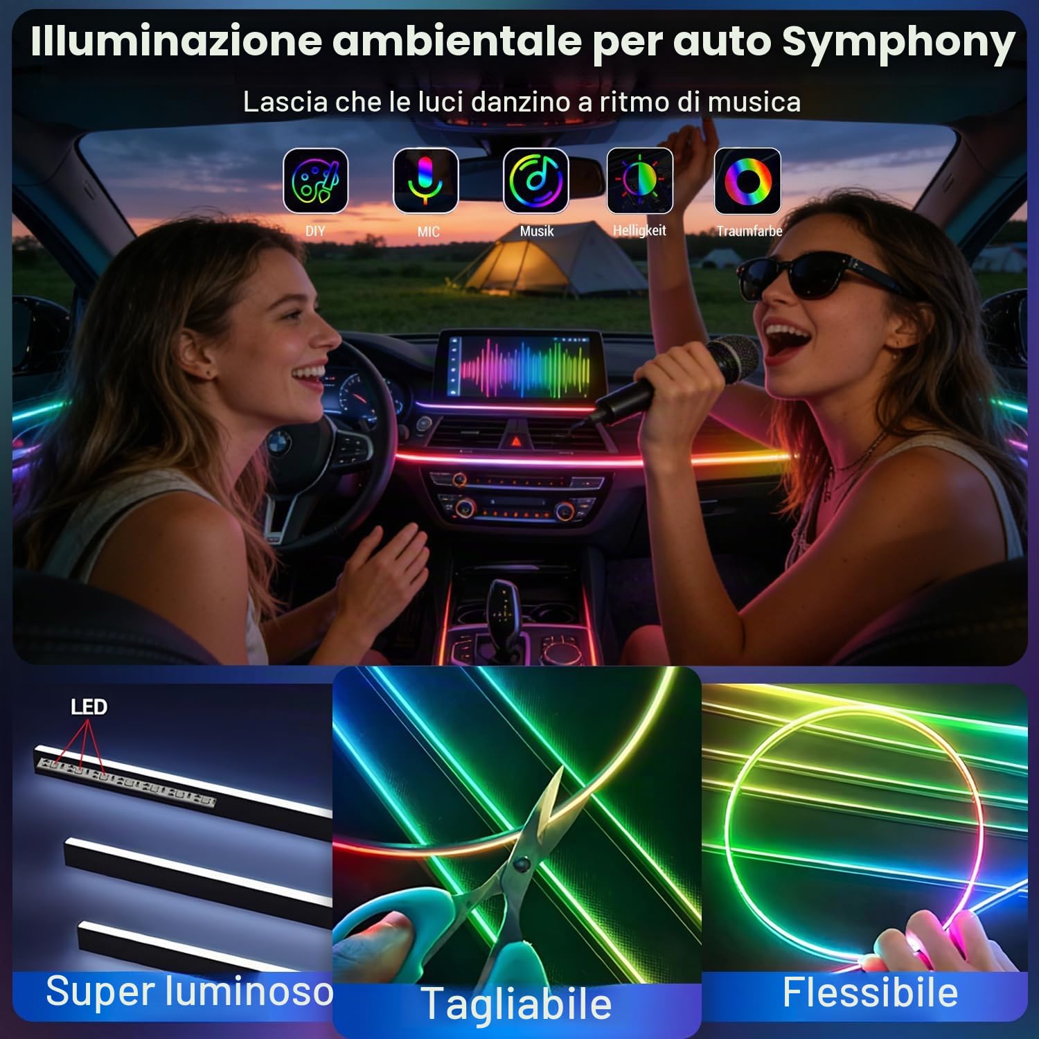 Illuminazione per interni auto, 22-in-1 HMYC 128 strisce luminose LED in fibra ottica acrilica colorate, illuminazione ambientale decorativa universale con ritmo sincronizzato alla musica, controllo