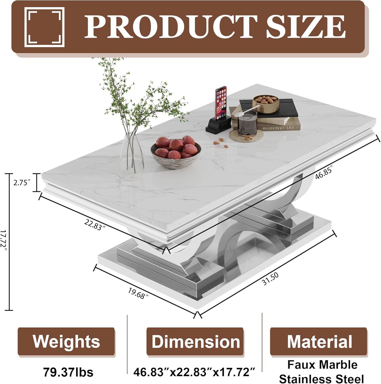 Marble Coffee Table, Modern Rectangle Center Table with White Faux Marble Tabletop & Silver Stainless Steel Base, Luxury Coffee Table for Living Room, Office