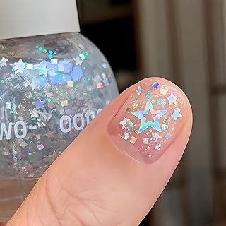 Clear Star Glitter Nail Polish Clear Base, Water Based Chunky Glitter Nail Polish Quick Dry, Confetti Top Coat, Nailpolish Non Toxic for Girls & Kids, 10ML