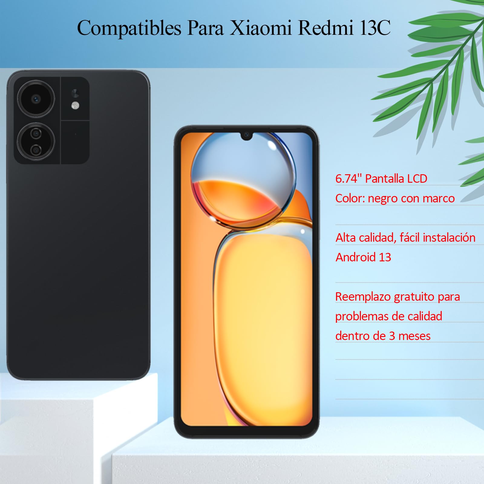 Pantalla Negra de 6,74 Pulgadas con Marco para Xiaomi Redmi 13C 23100RN82L, 23106RN0DA, 23108RN04Y, 2311DRN14I, Pantalla Táctil LCD, Digitalizador, Montaje de Cristal con Herramienta