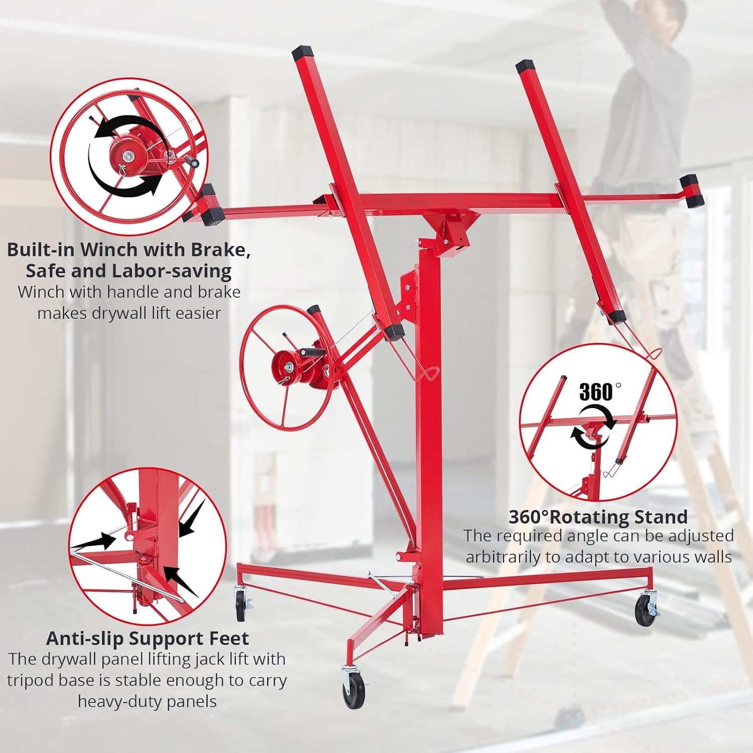 Drywall Lift 11 FT, Drywall Jack Lift for Ceiling, 360° Adjustable Drywall Panel Hoist, 150LBS Heavy Duty Drywall Lifter, Foldable Sheetrock Lift, Drywall Lift for Home Improvement