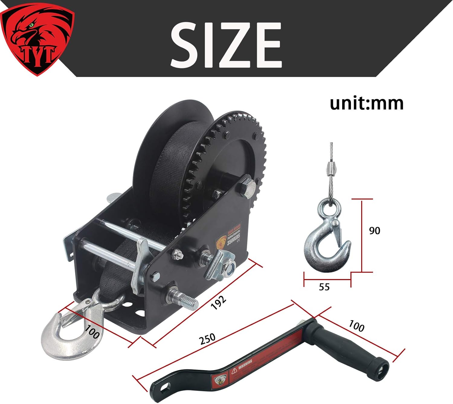 Creative Product TYT New 3500lbs Capacity Heavy Duty Hand Winch, Boat Winch with 10M(33 ft) Black Nylon Strap and Winch Hook, 2 Gear Manual Hand Crank for ATV Boat Trailer Truck Auto Pulling (All Black)