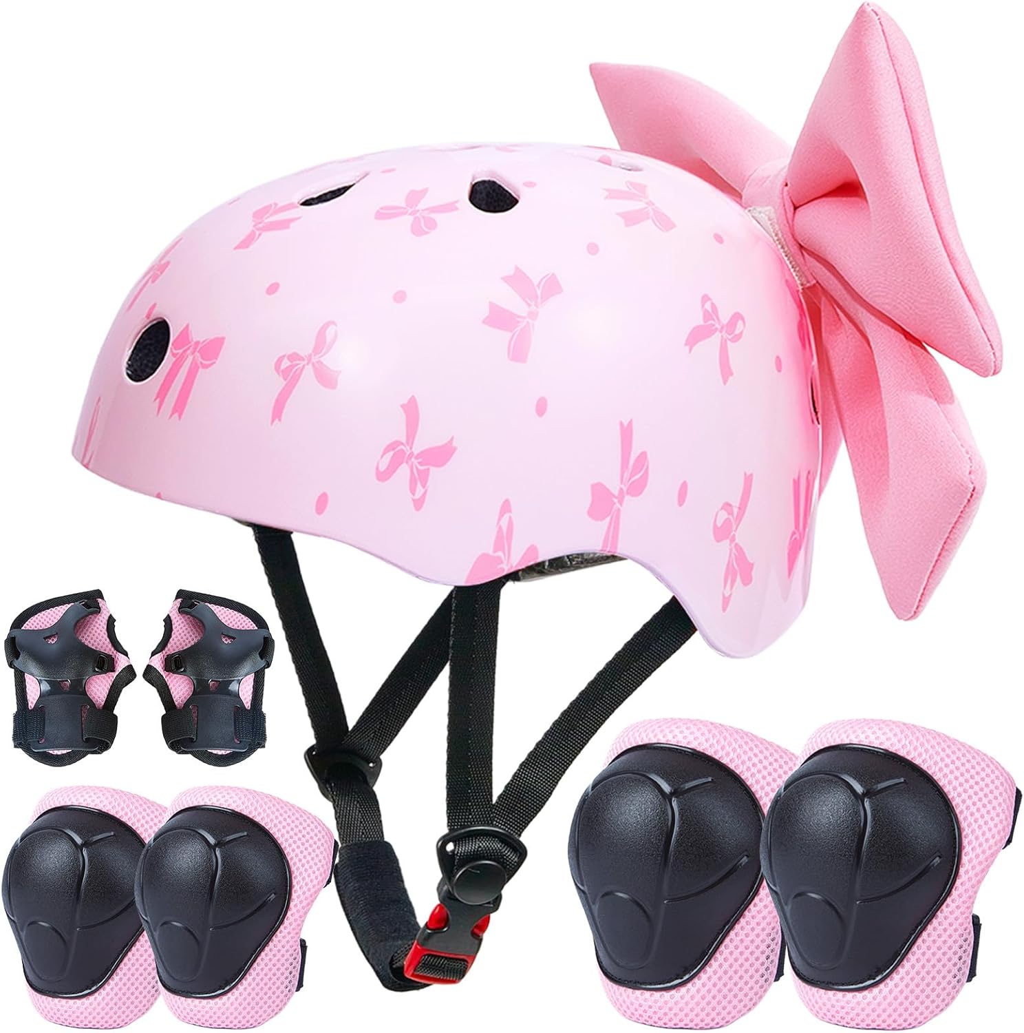 Helmet for Kids 8-14 with Knee Pads and Elbow Pads Set, Kids Bike Helmet with DIY Bow, Adjustable Youth Girls Helmets for Bicycle Scooter Skateboard