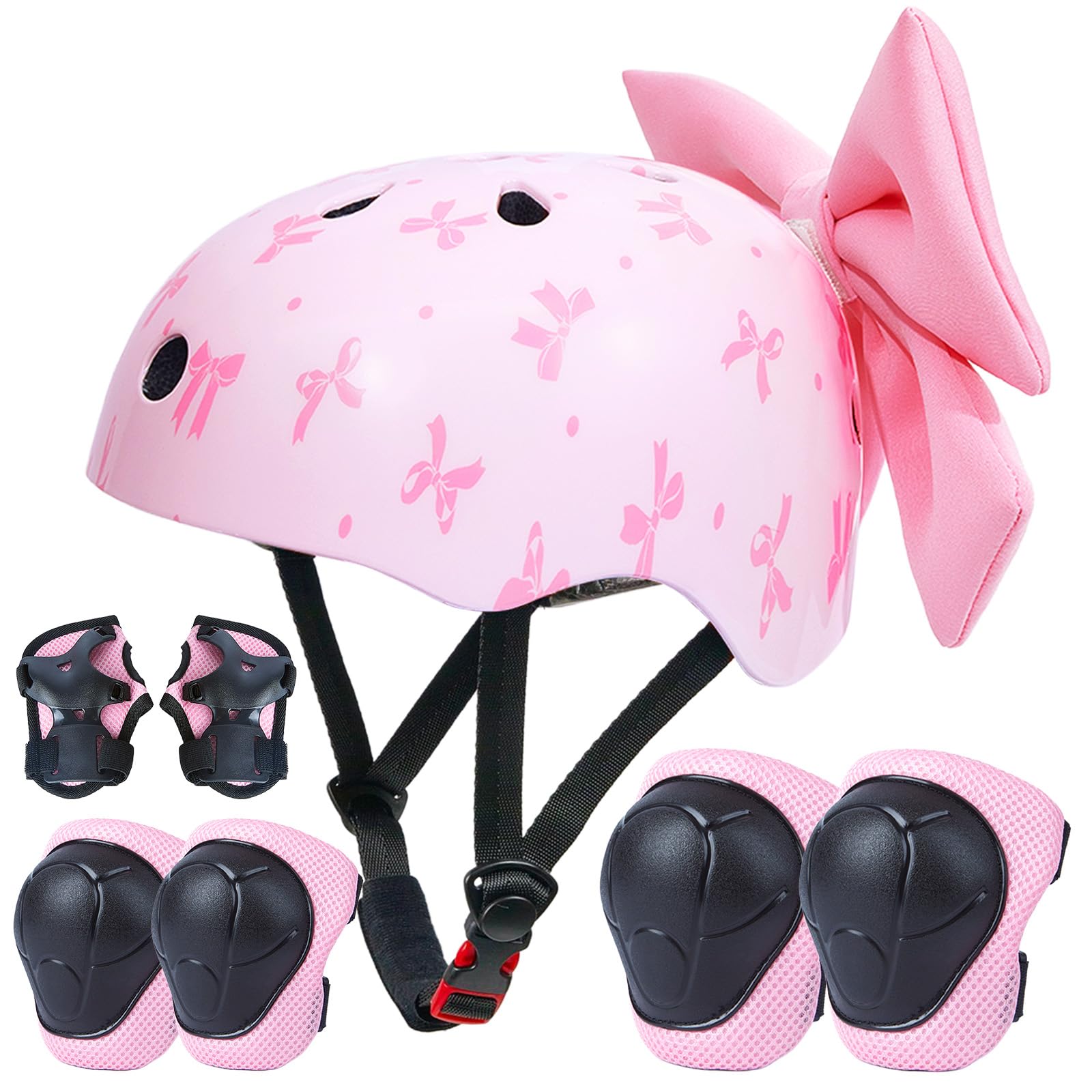 EllaSeek Kids Bike Helmet and Pads Set for Girls Ages 8-14, Adjustable Skateboard Helmet with Knee and Elbow Pads, Lightweight Protective Gear for Cycling, Scooter, Skating with Cute DIY Bow