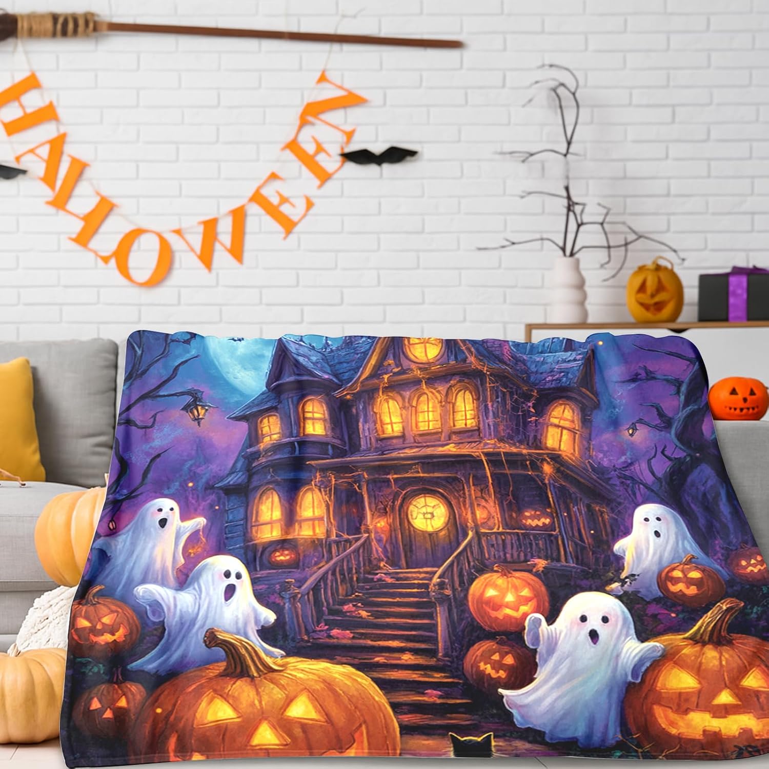Halloween Blanket Throw - Printed with Jack-O-Lantern Boo Ghost Bat Castle Soft Fuzzy Plush Cozy Flannel Blankets for Couch Sofa Bed Lounging Throw, Ideal Gifts for Kids Adults (Style 03, 60"x80")