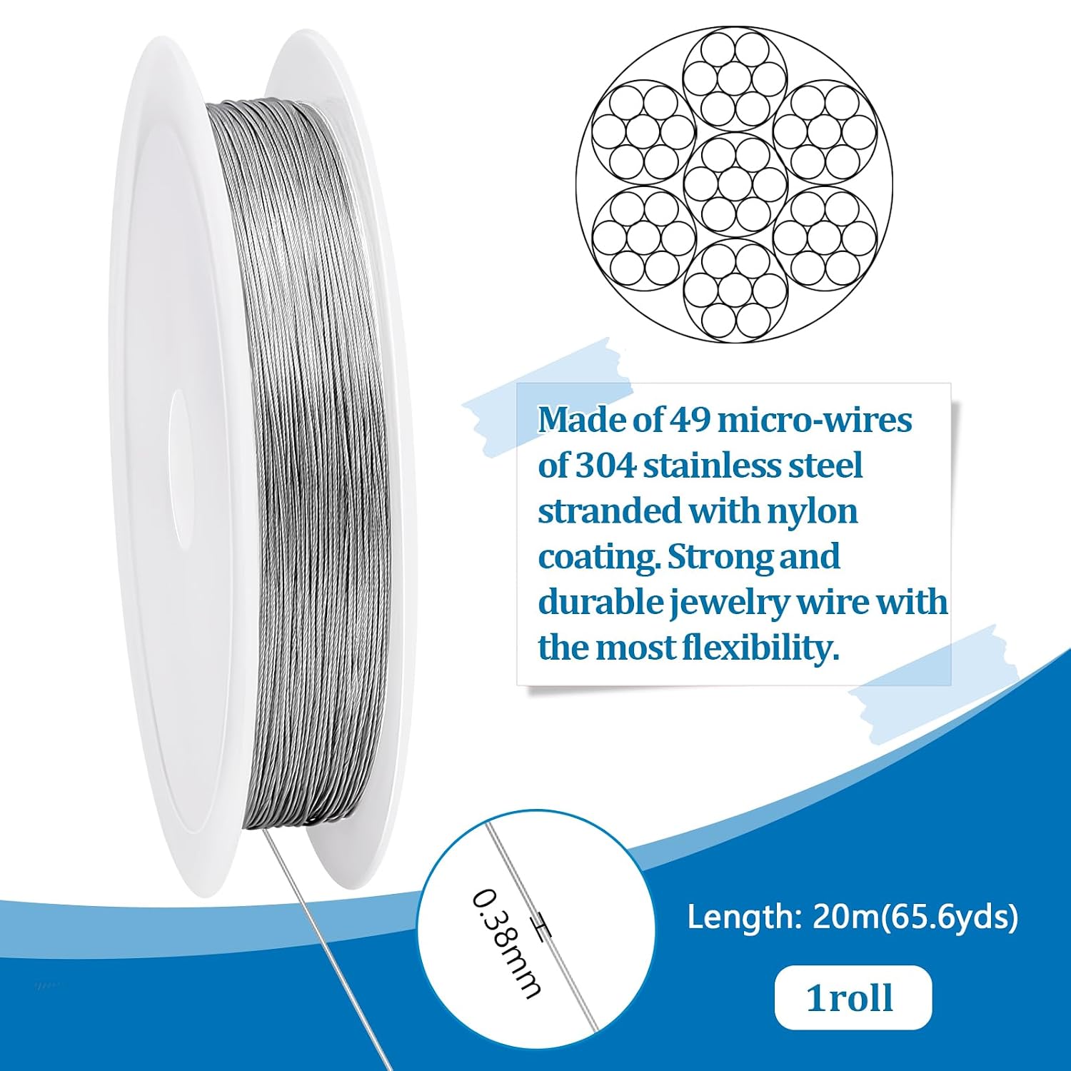PH PandaHall 49 Strands Jewelry Making Wire, 65.6 FT 304 Stainless Steel Wire 0.015 inch Bead String Wire Beading Wire Craft Wire Metal Jewelry Wire for Necklace Bracelet Wire Wrapping Crafting