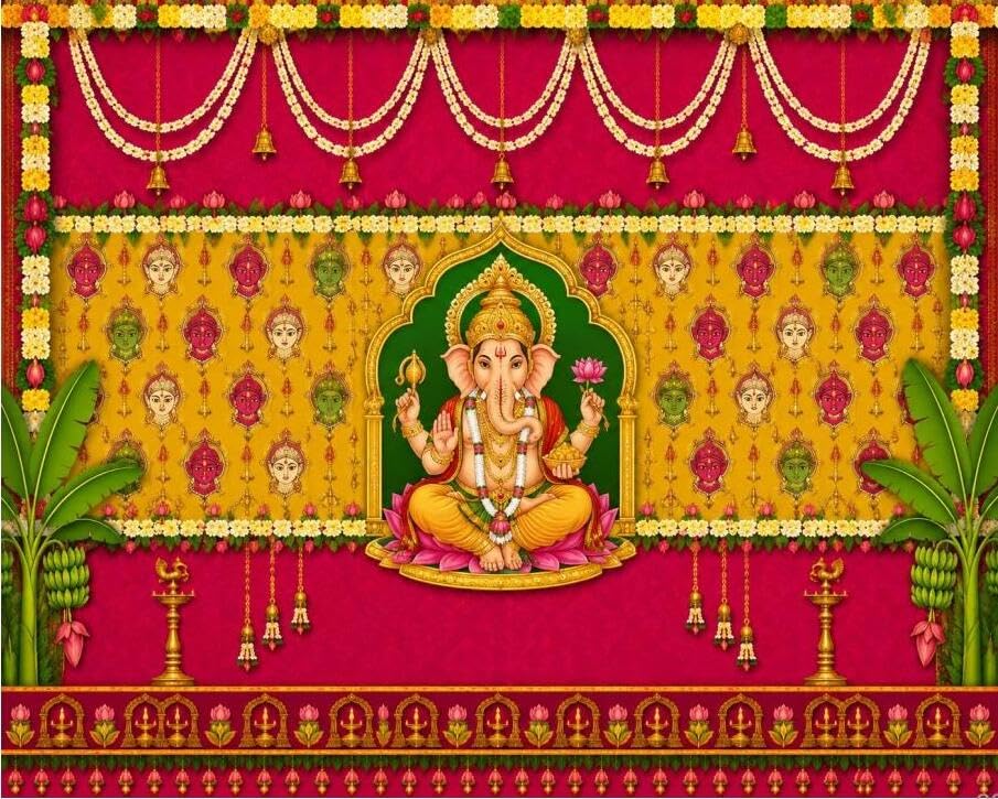 Image of Ganesh Pooja Background | Lord Ganesha Festive Backdrop with Banana Trees and Temple Bells 8x8 Feet | varalakshmi puja Decoration Cloths