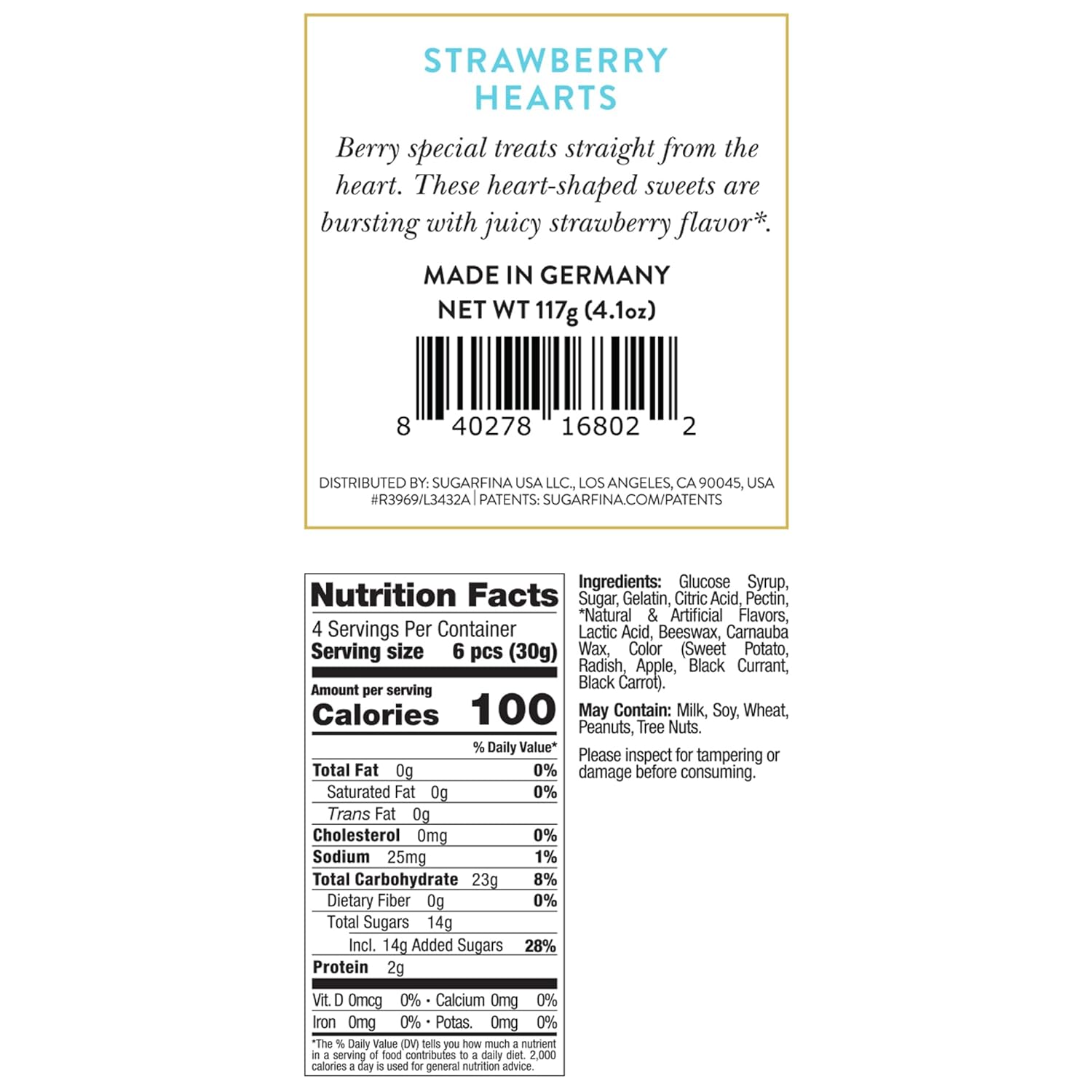 Sugarfina Strawberry Hearts Small Candy Cube, Gummies, 4.1 oz, 4 Count
