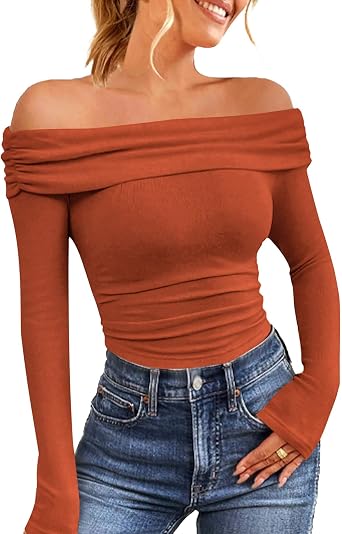 HOTOUCH Womens Off Shoulder Long Sleeve Slim Fit Blouse