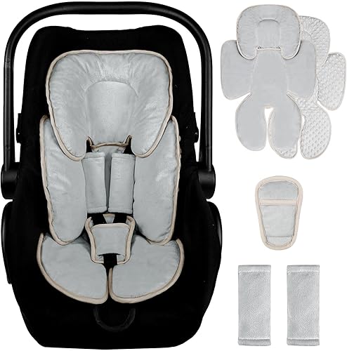 2 in 1 Infant Car Seat Insert Head and Body Support Set, Reversible Newborn Insert for Carseat with 3 Extra Strap Paddings, Soft Stroller Cushion Pillow Insert Girls, Fits for Stroller, Swing, Grey