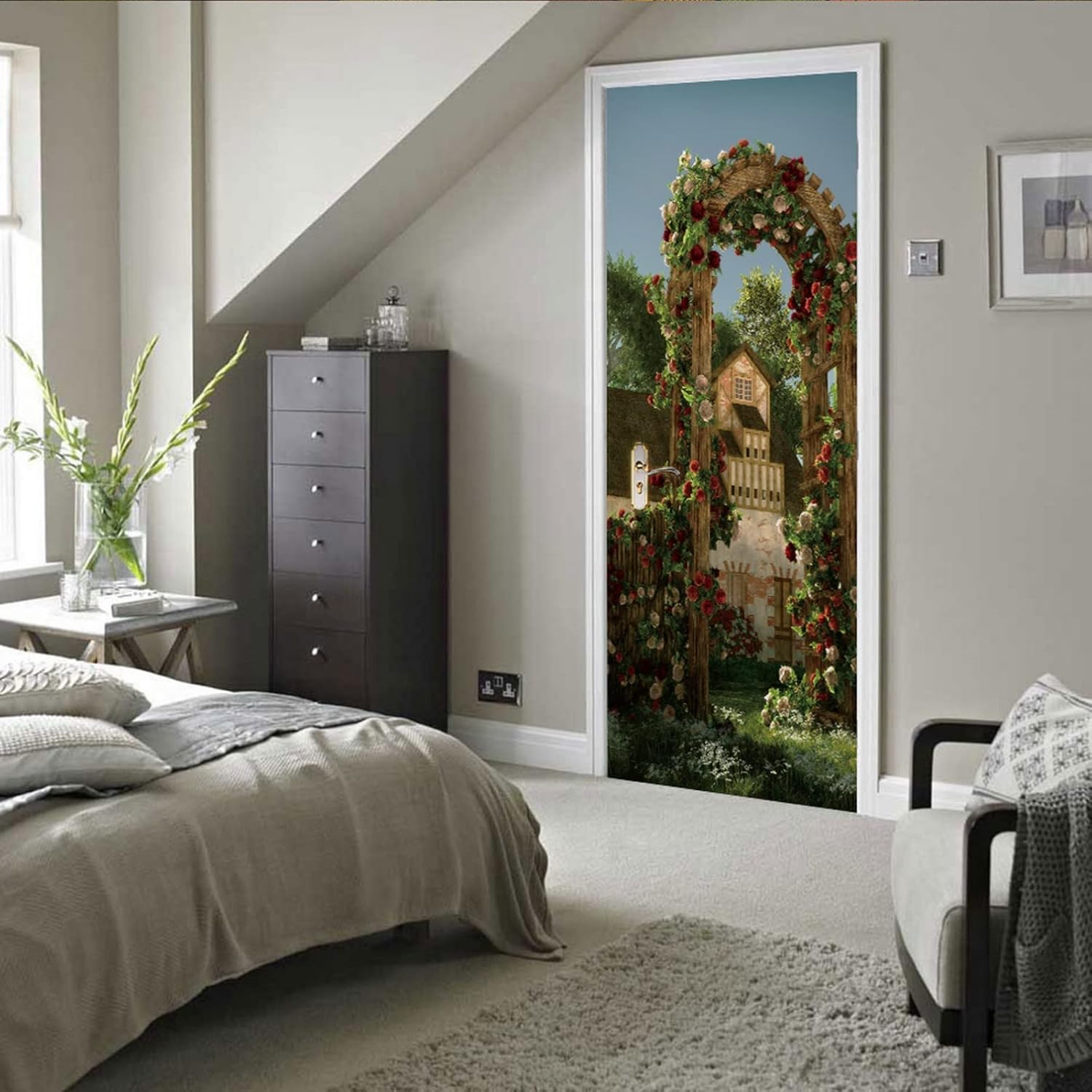 A.Monamour 3D Door Stickers for Interior Doors an Arch of Red and White Roses in Garden Vinyl Waterproof Self Adhesive Door Mural Decals for Bedroom Office Bathroom 85 x 200 cm