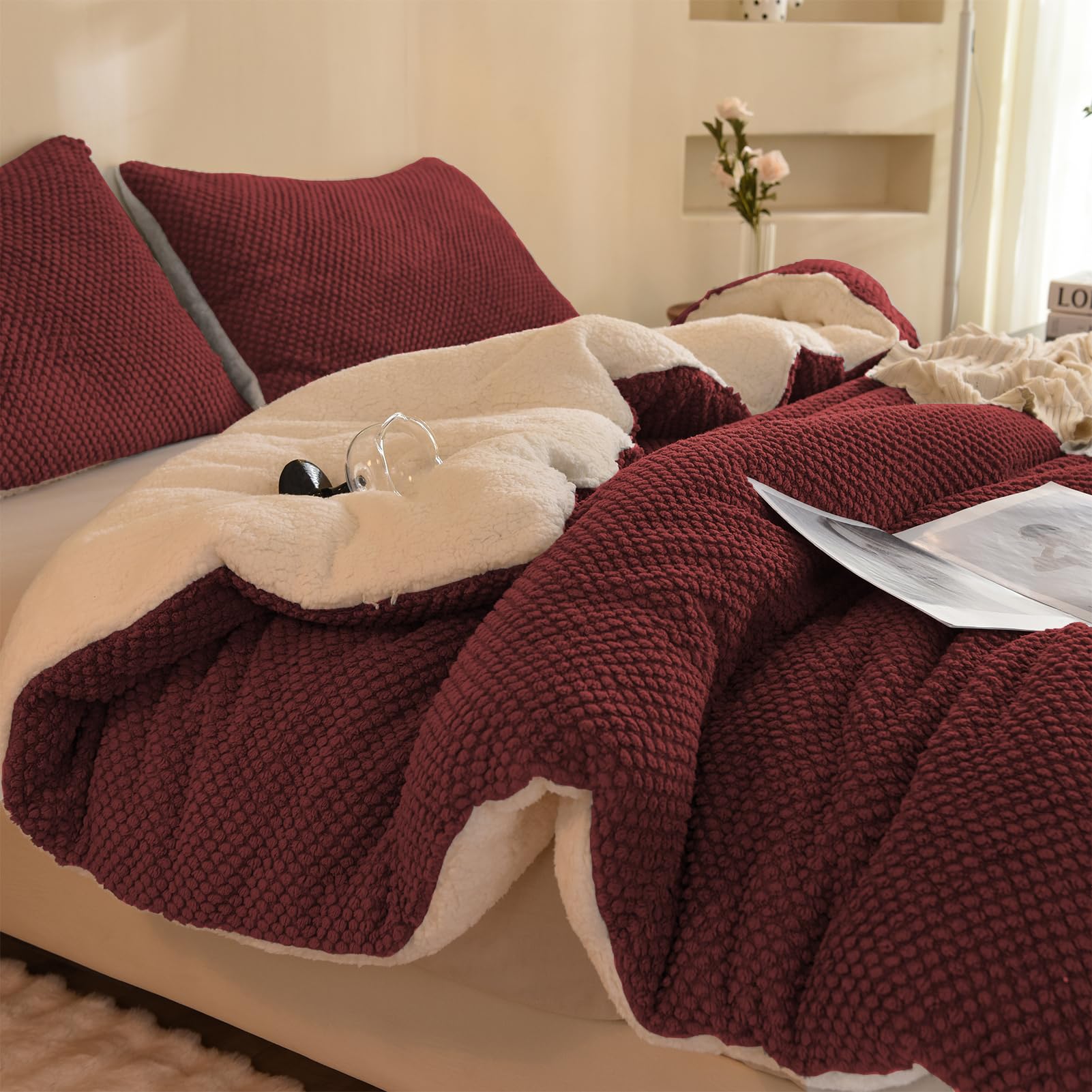 LLanCL 3D-Jacquard-Design, ultraweich, warm, Sherpa-Fell, Plüsch, 2-teilig, luxuriös, gemütlich, mit 1 Kissenbezug (172,7 x 228,6 cm, Burgunderrot)