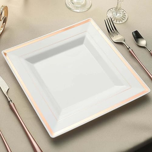 Efavormart - Paquete de 10 platos cuadrados desechables de plástico de 10 pulgadas con borde dorado rosa brillante para bodas, cumpleaños, fiestas,