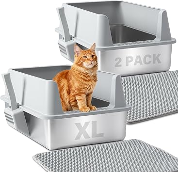 Stainless Steel Litter Box 2 Pack, Large Metal Litter Box with Lid, XL Cat Litter Boxes for Adult/Big Cat, Anti-Urine Leakage, Easy Cleaning, No Smell, Non-Stick, Includes Litter Scoop and Mat