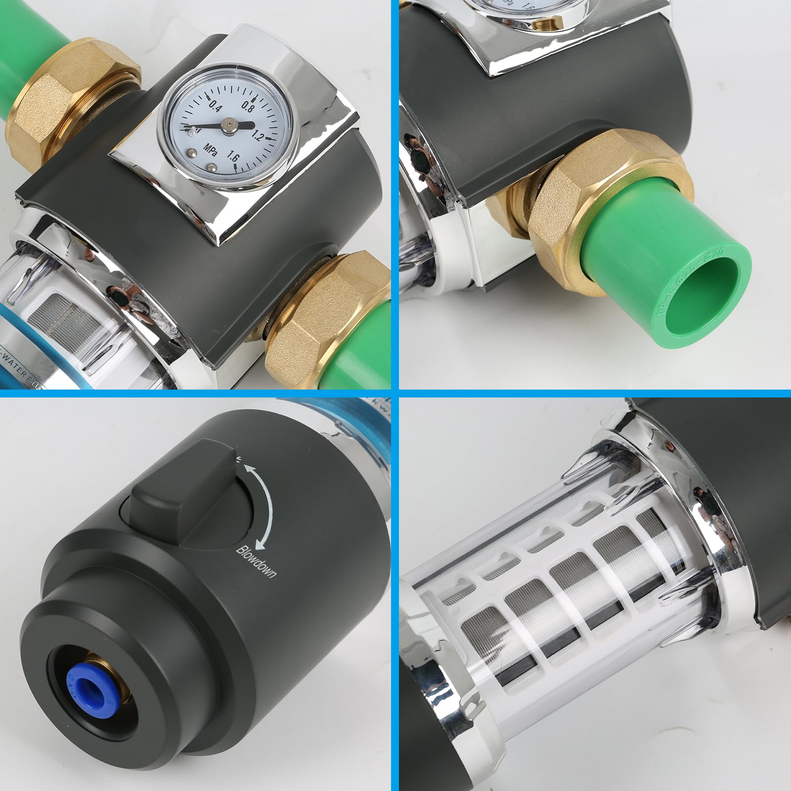 Filtro per il risciacquo, prefiltro dell'acqua, filtro per sedimenti, riutilizzabile, spin down sedimento, filtro per acqua e pozzi (filo da 1/2", grigio)