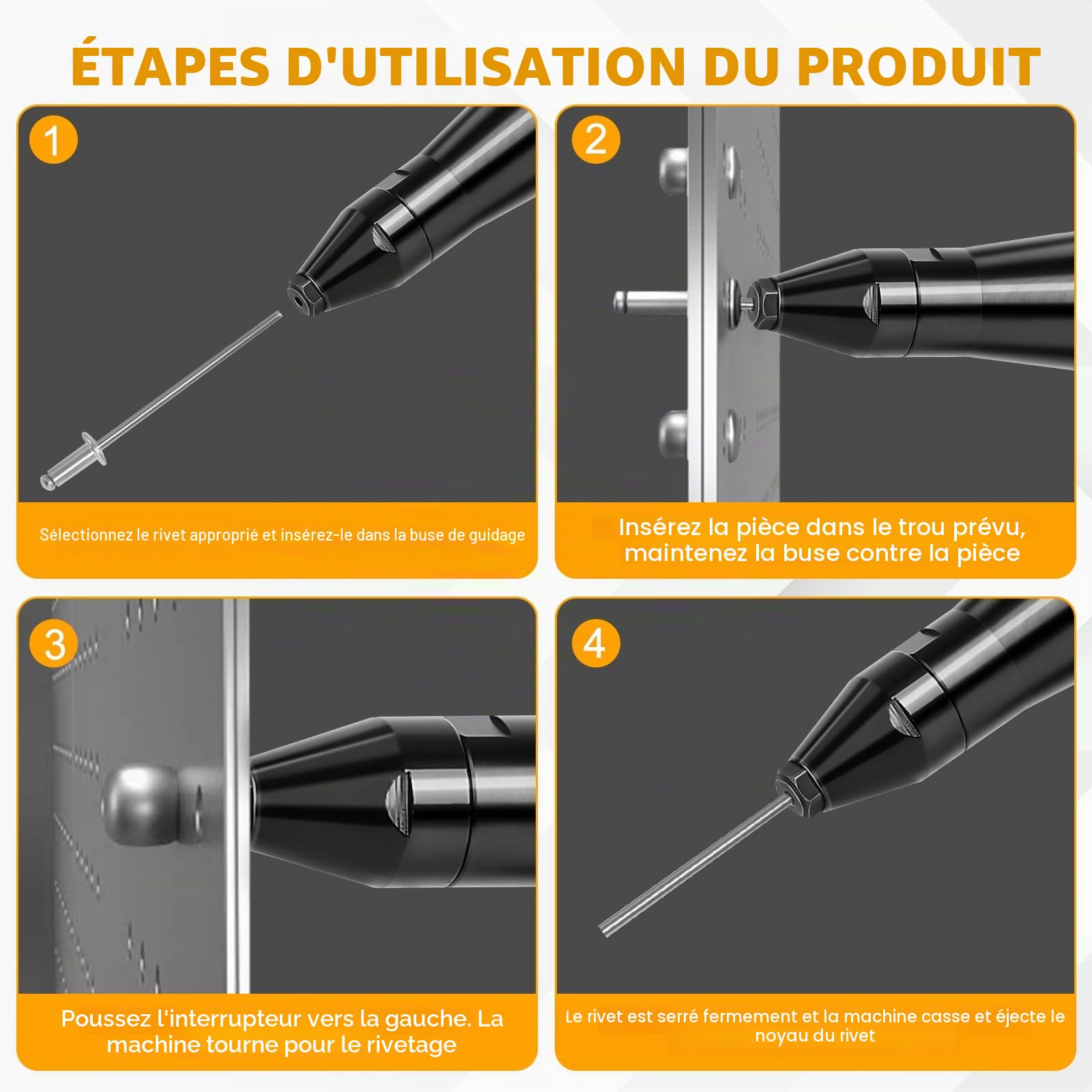 Pistolet à riveter sans fil pour Dewalt 20V (sans batterie) | Pince à riveter électrique, sans balais, LED, 3 adaptateurs, 60 rivets, clé, pour métal, plastique