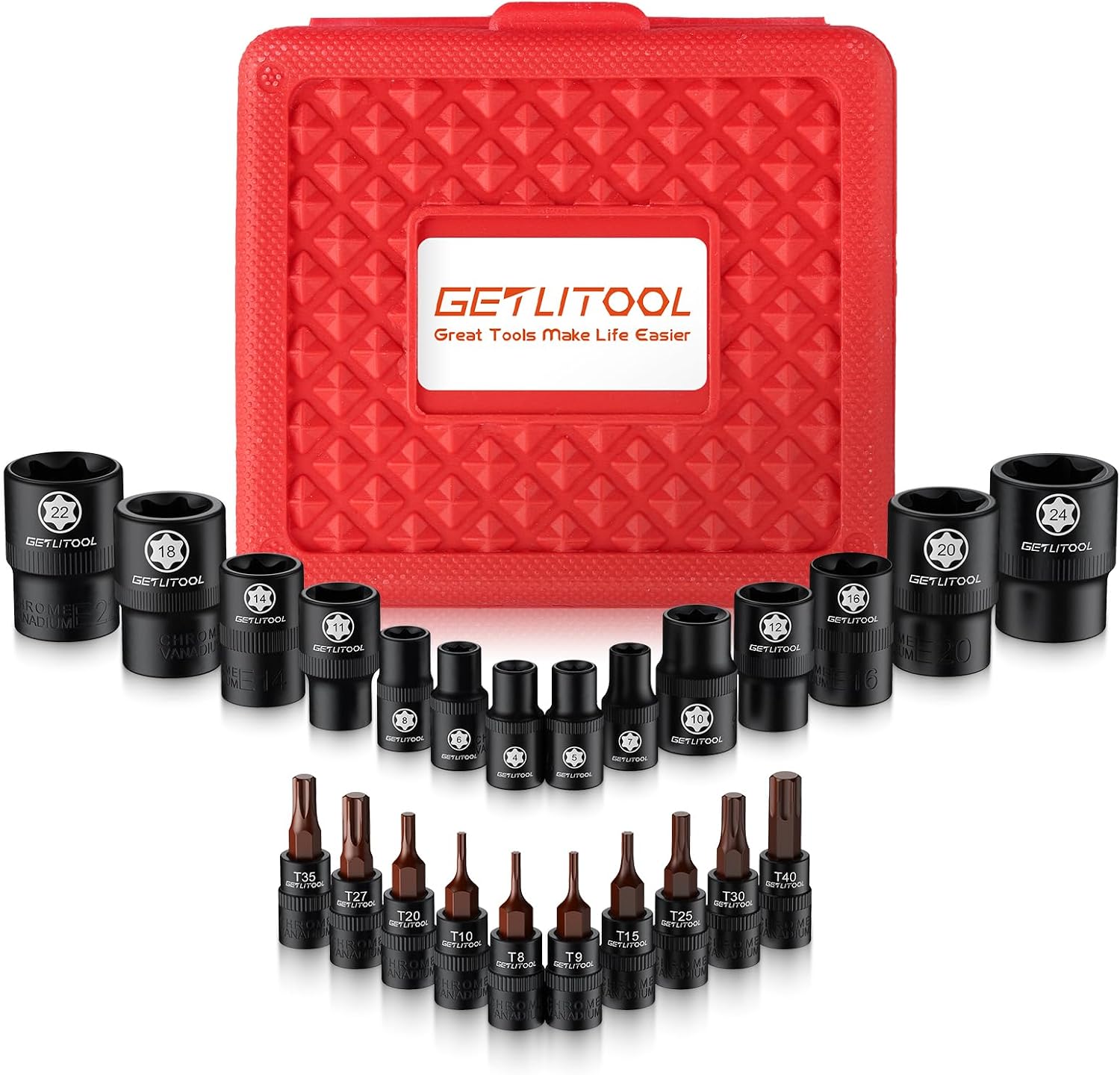 GETLITOOL 24PCS Impact E-Torx Socket Set with Storage Case E4-E24 & T8-T40 | Premium chrome vanadium steel,Clearly Laser Size-marked,Ideal for Car Repair, Mechanic Maintenance,1/4" 3/8" and 1/2" drive