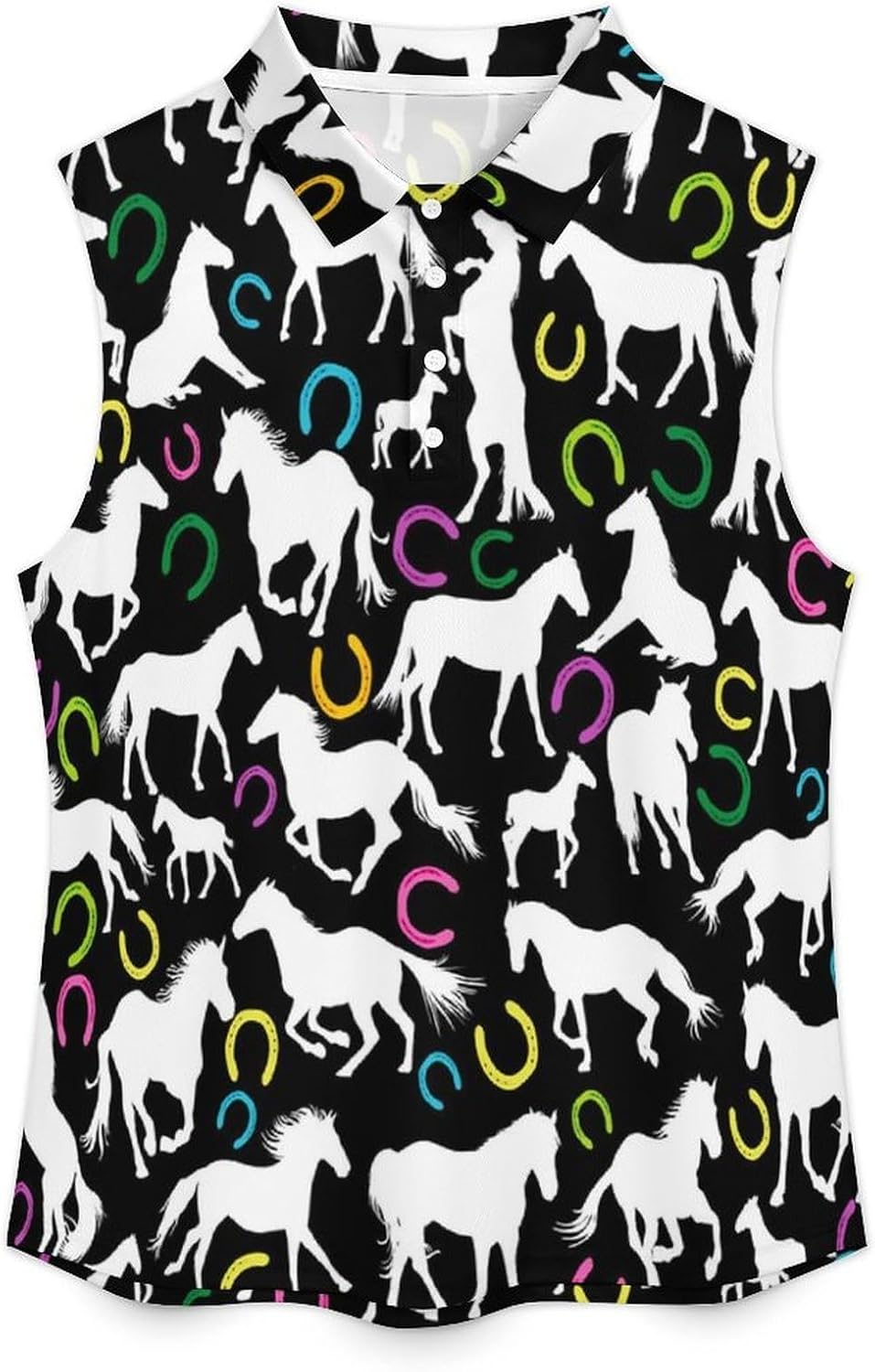 White Horses and Horseshoe Print Women's Golf Shirt Sleeveless Polo Shirts Tank Tops Blouses Tennis T-Shirts Casual