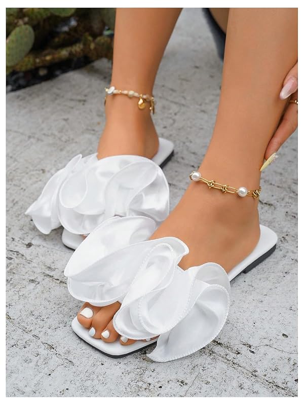 GORGLITTER Women's Beach Square Toe Flat Sandals Summer Vacation Dressy Slip on Slide Wedding Sandals Bridal Shoes 2026 White 8 by GORGLITTER - Image 2