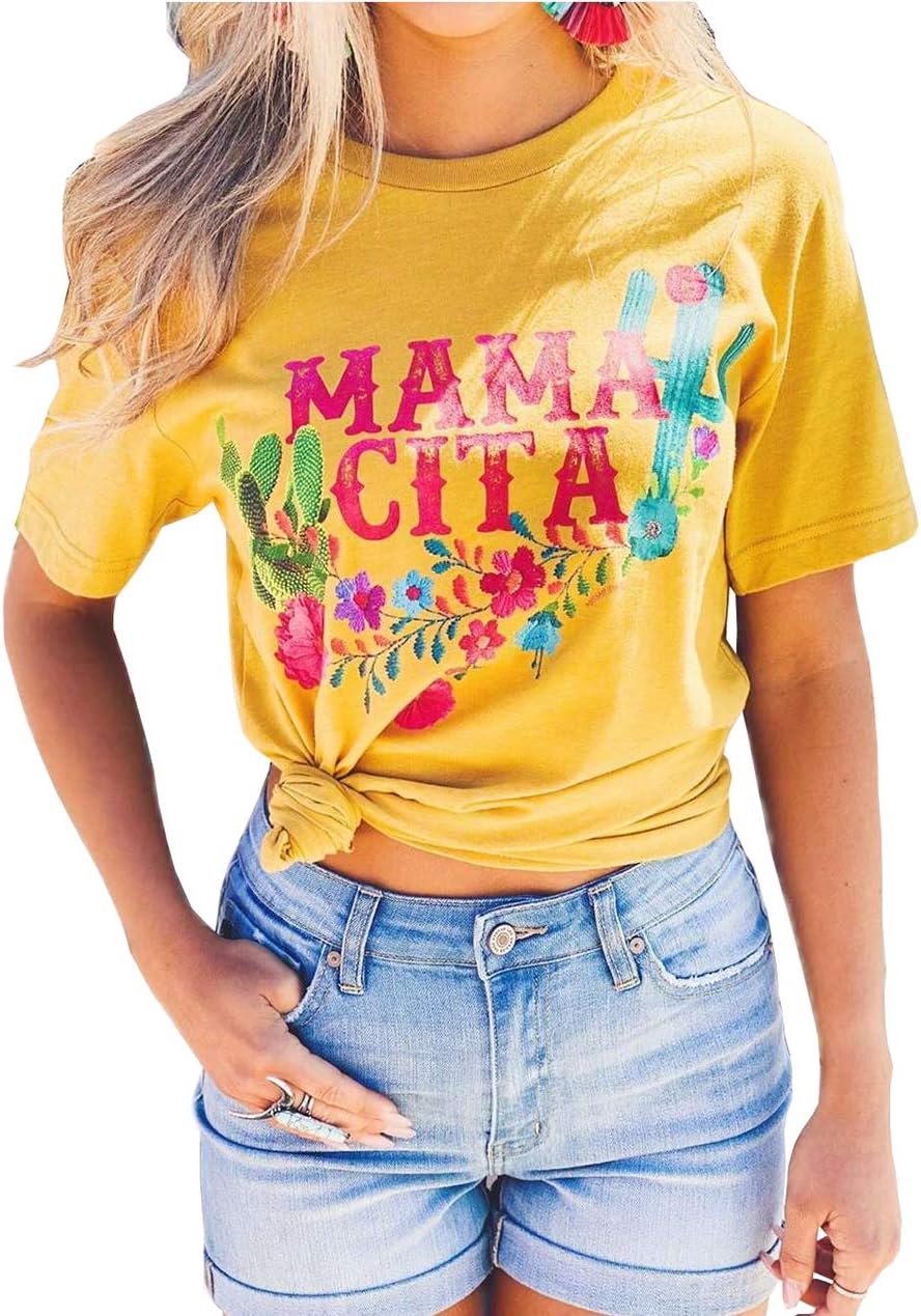 HuovudMamacita T-Shirt for Women Flowers Cactus Letter Print Graphic Tees Casual Summer Vacation Short Sleeve Shirt Tops
