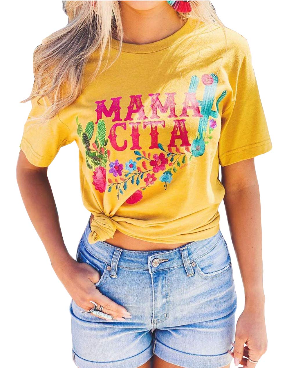HuovudMamacita T-Shirt for Women Flowers Cactus Letter Print Graphic Tees Casual Summer Vacation Short Sleeve Shirt Tops