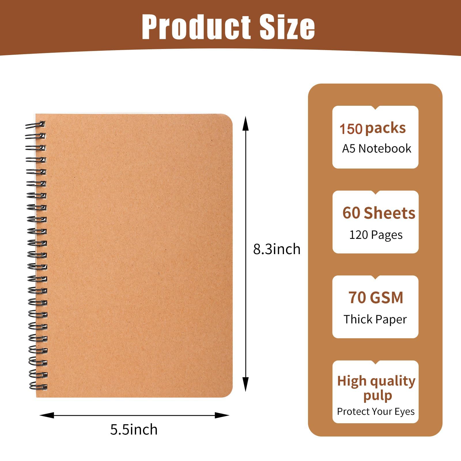 miikoul Paquete de 150 cuadernos con espiral A5, cubierta de papel kraft, 8.3 x 5.5 pulgadas, 60 hojas/120 páginas, cuadernos rayados a granel, cuaderno de tapa dura, cuadernos de viaje para