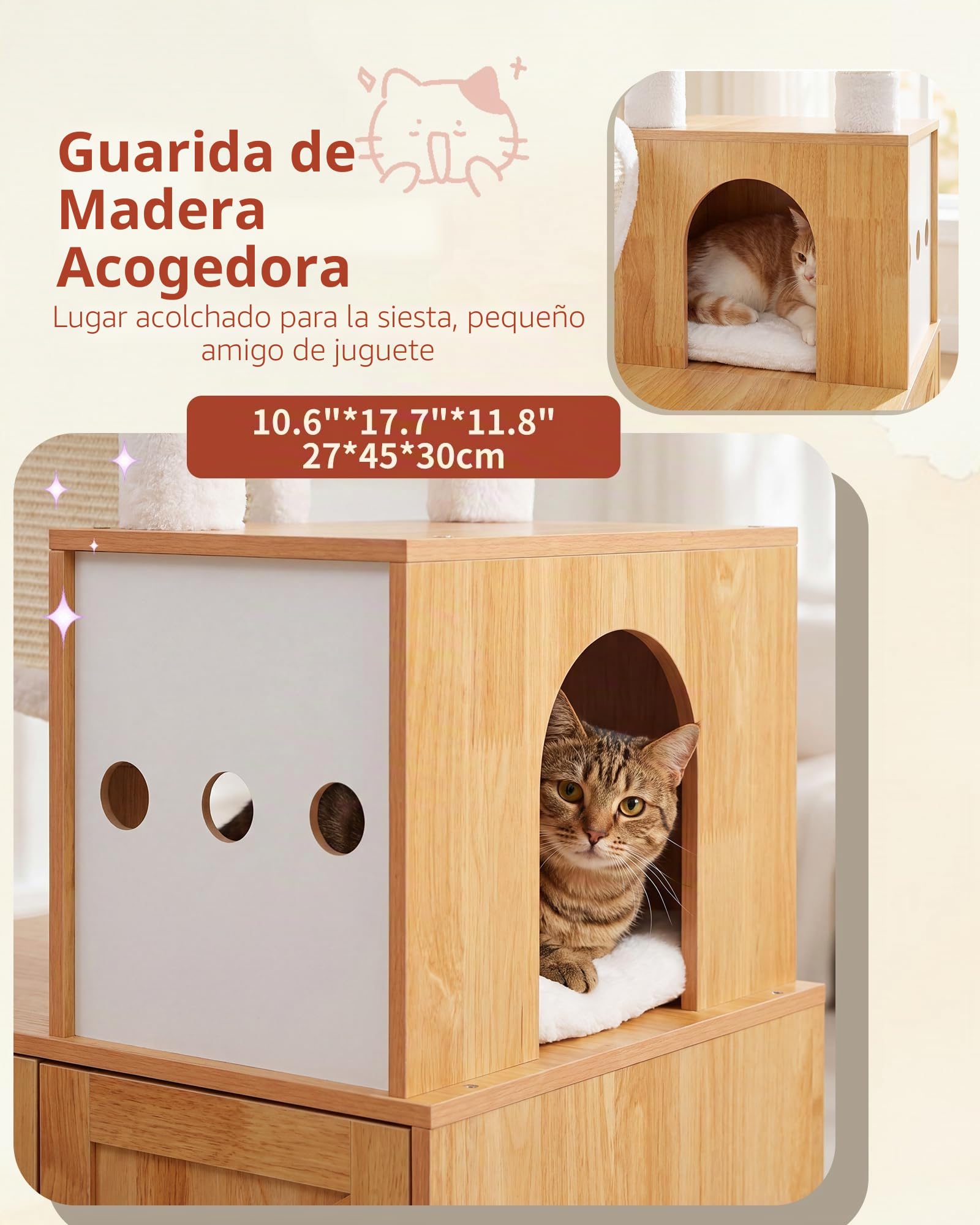 Heybly Árbol para Gatos con Mueble Arenero Oculto, Torre Rascador 162 cm para Gatos de Interior, Condominio de Madera con Casa, Plataformas, Tabla Rascadora y Juguetes, Nogal HCT105WB