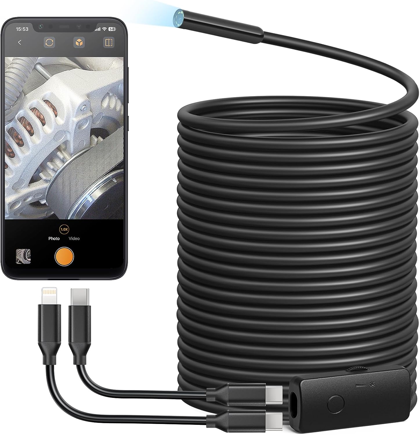 Anykit USB Endoscope Camera with 8 Adjustable LED Lights, Borescope with Semi-Rigid Snake Camera, IP67 Waterproof Inspection Cam Compatible with iPhone and Android Devices (33ft)