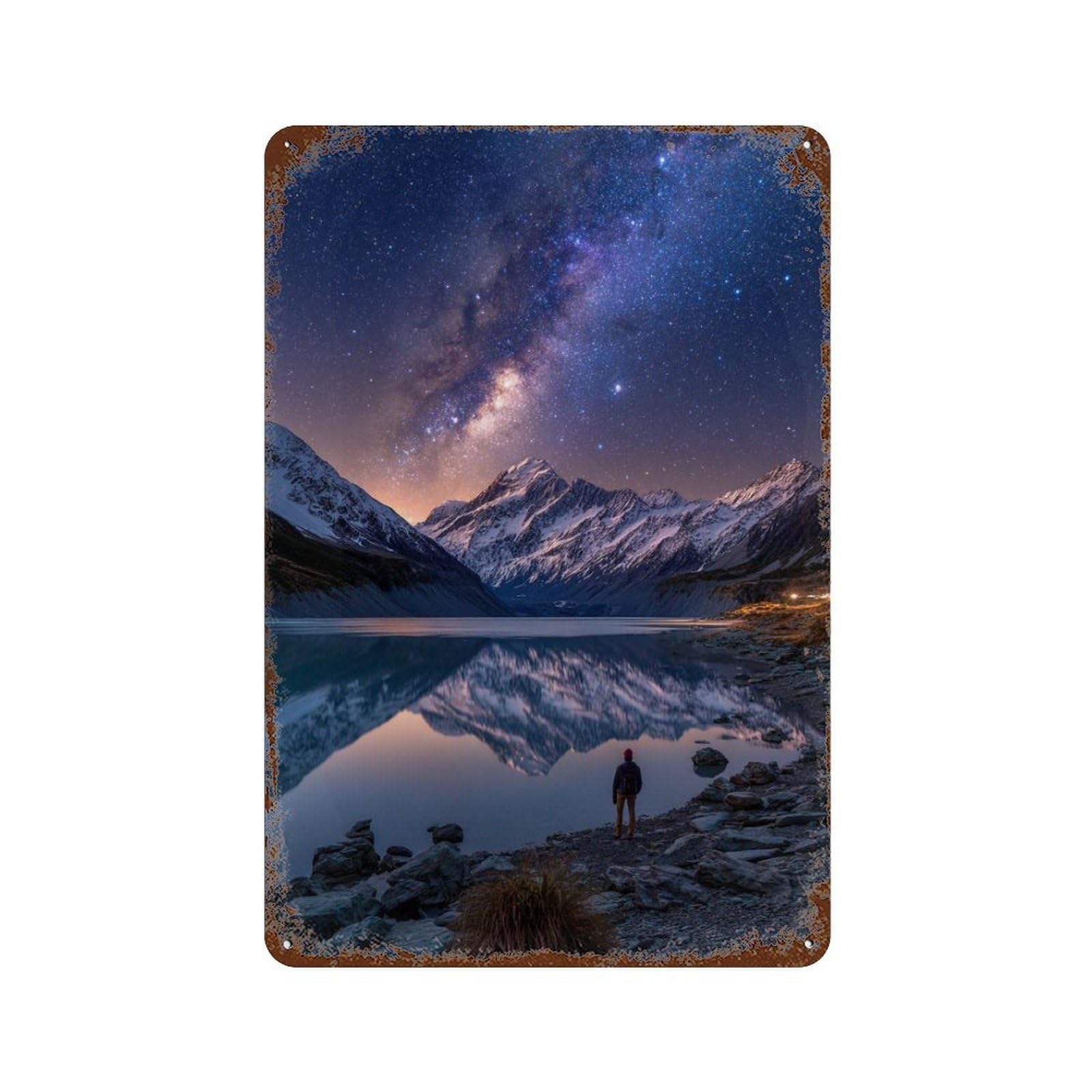Milky Way Reflections in Lake Weathered Tin Sign 11.8"x7.9", for Patio, Garden Room And Bar Decor, Farmhouse Wall Decor