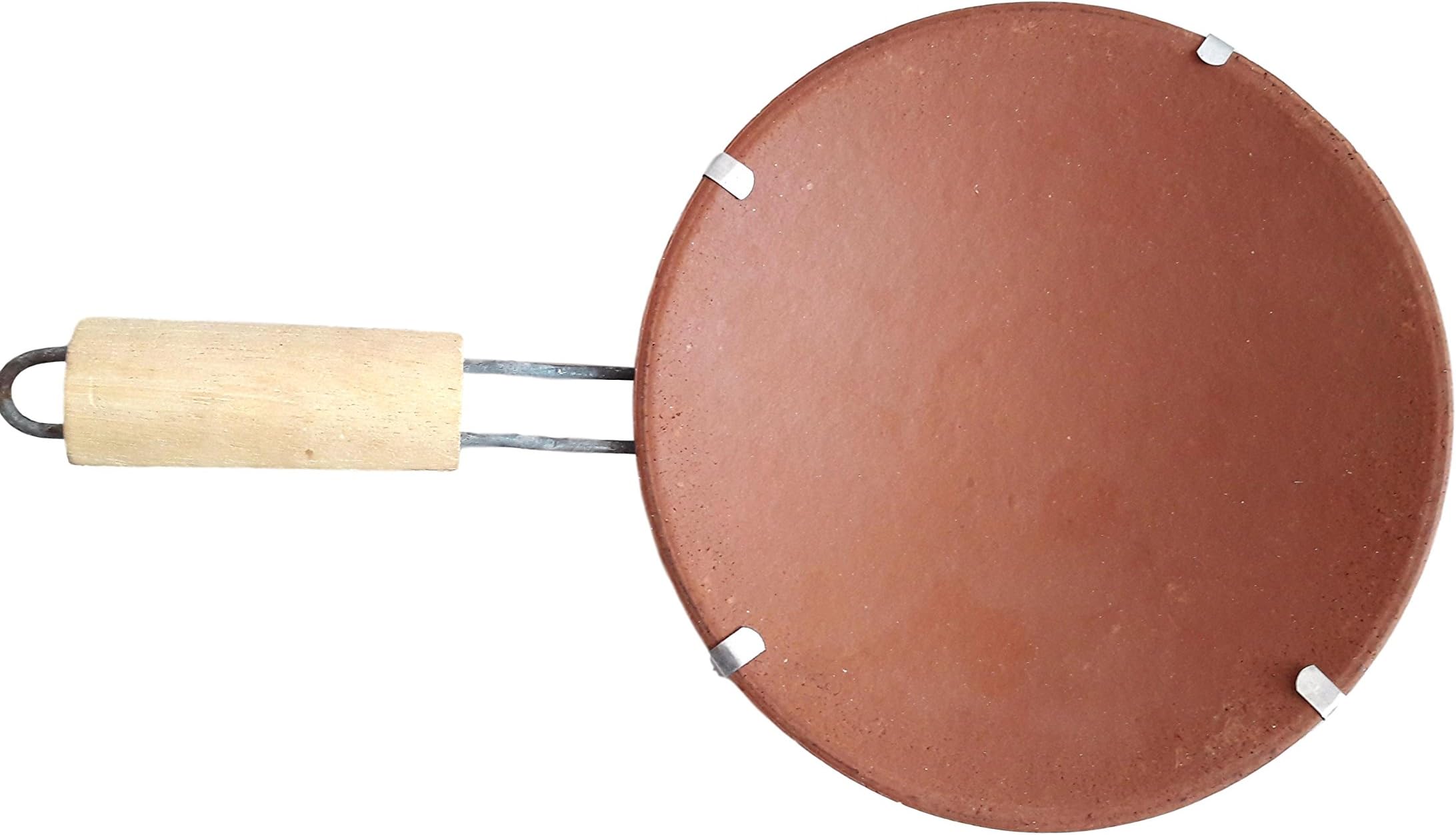 Tise Terracotta Tawa with Wooden Handle, (9 Inches, Red)