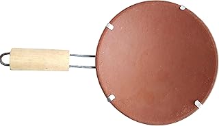 Tise Terracotta Tawa with Wooden Handle, (9 Inches, Red)