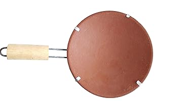 Tise Terracotta Tawa with Wooden Handle, (9 Inches, Red)