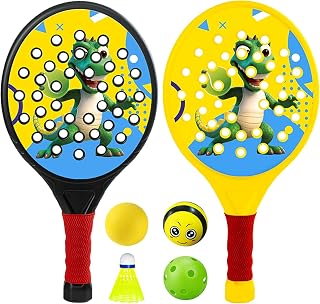Fenayuu Raqueta de dinosaurio juego con 2 raquetas y 4 bolas, raqueta portátil para actividades niños y parques