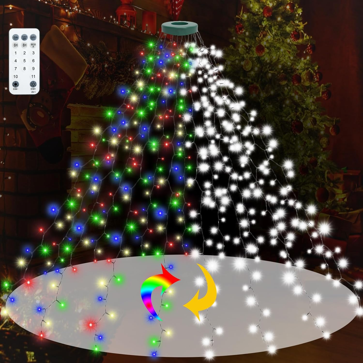 9.2ft x 16 Lines Multicolor to White Color Changing Christmas Tree Lights with Ring, 480 LEDs Xmas String Lights w/Remote,11 Light Mode, Timer & Memory for 5-9.2ft Christmas Tree Decorations